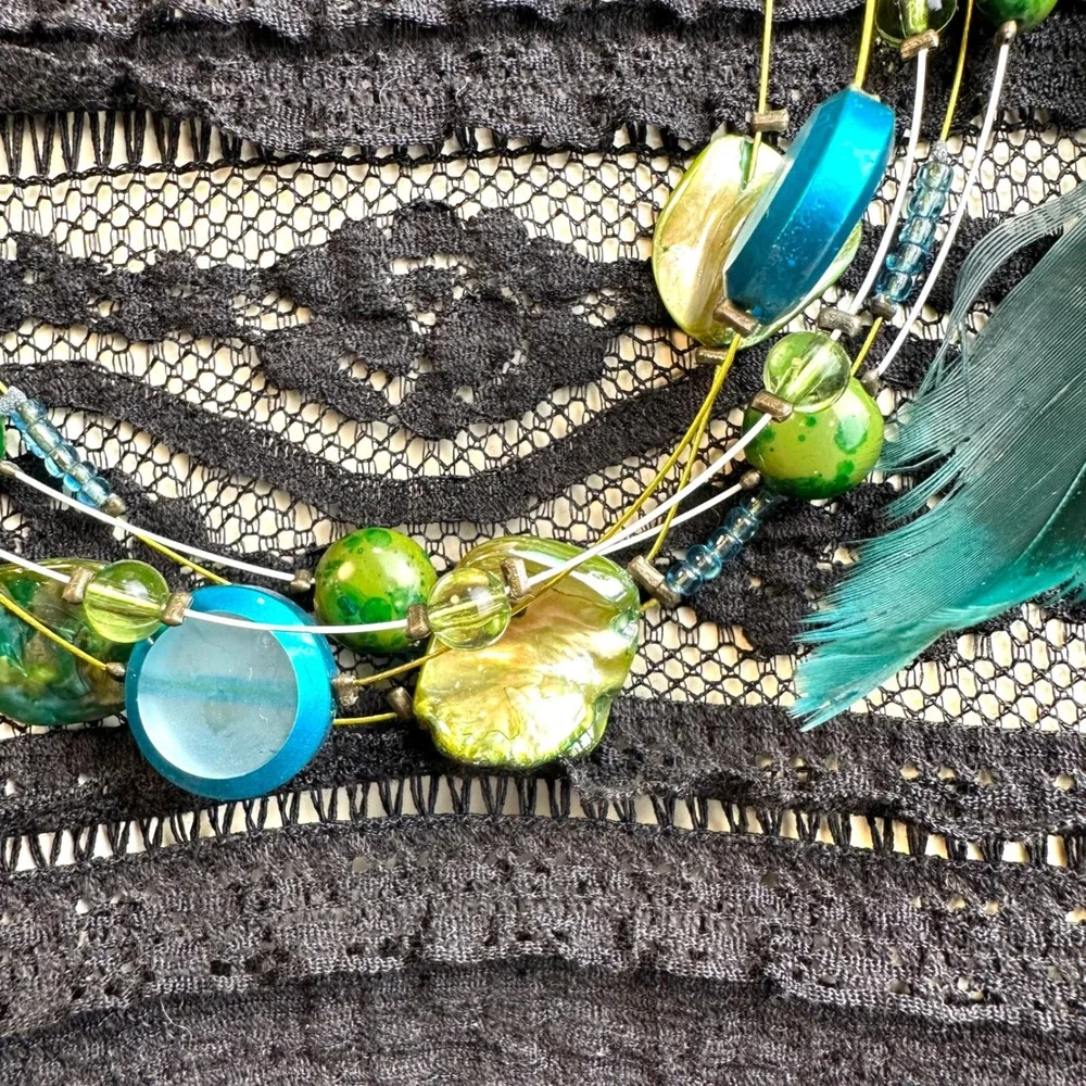 Boho Multi Strand Feather Necklace Turquoise Green Shell Bead Layered‎ Statement